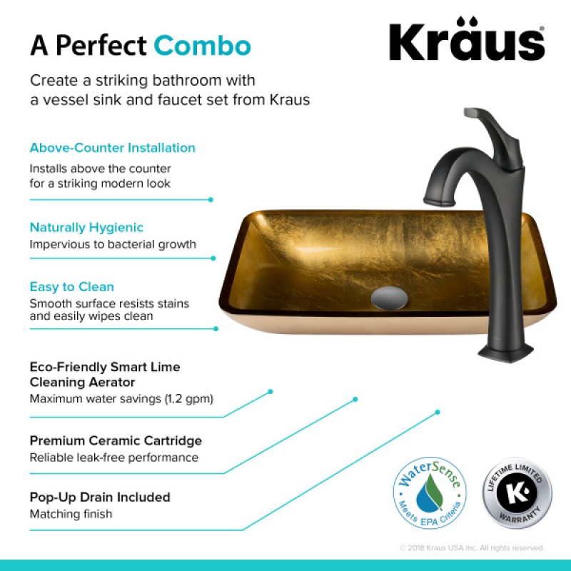 KRAUS 22-inch Rectangular Gold Glass Bathroom Vessel Sink and Matte Black Arlo™ Faucet Combo Set with Pop-Up Drain