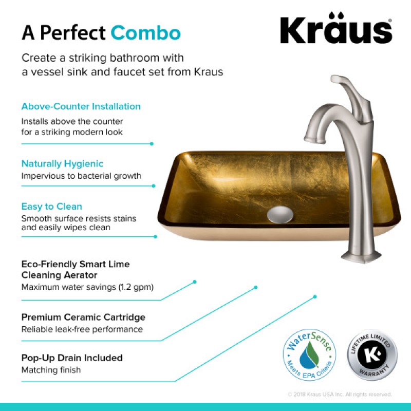 KRAUS 22-inch Rectangular Gold Glass Bathroom Vessel Sink and Spot Free Arlo™ Faucet Combo Set with Pop-Up Drain, Stainless Brushed Nickel Finish