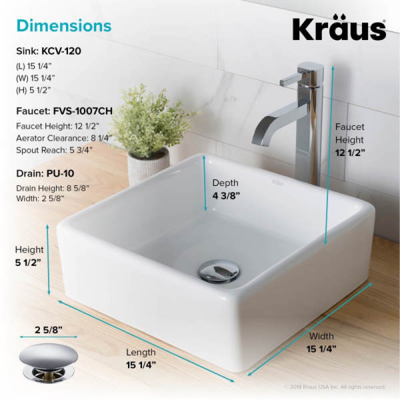 KRAUS 15-inch Square White Porcelain Ceramic Bathroom Vessel Sink and Ramus™ Faucet Combo Set with Pop-Up Drain, Chrome Finish