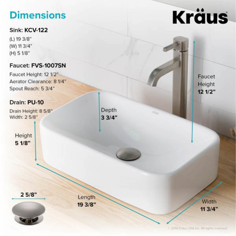 KRAUS 19-inch Rectangular White Porcelain Ceramic Bathroom Vessel Sink and Ramus™ Faucet Combo Set with Pop-Up Drain, Satin Nickel Finish
