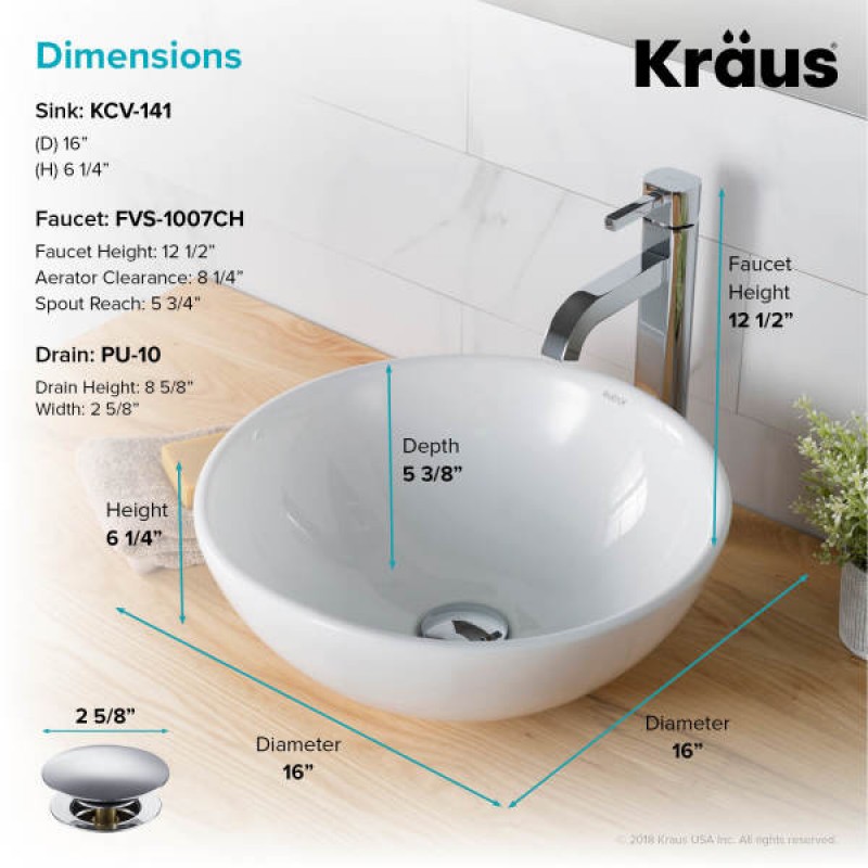KRAUS 16-inch Round White Porcelain Ceramic Bathroom Vessel Sink and Ramus™ Faucet Combo Set with Pop-Up Drain, Chrome Finish