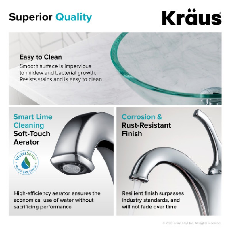 KRAUS 16 1/2-inch Crystal Clear Glass Bathroom Vessel Sink and Arlo™ Faucet Combo Set with Pop-Up Drain, Chrome Finish