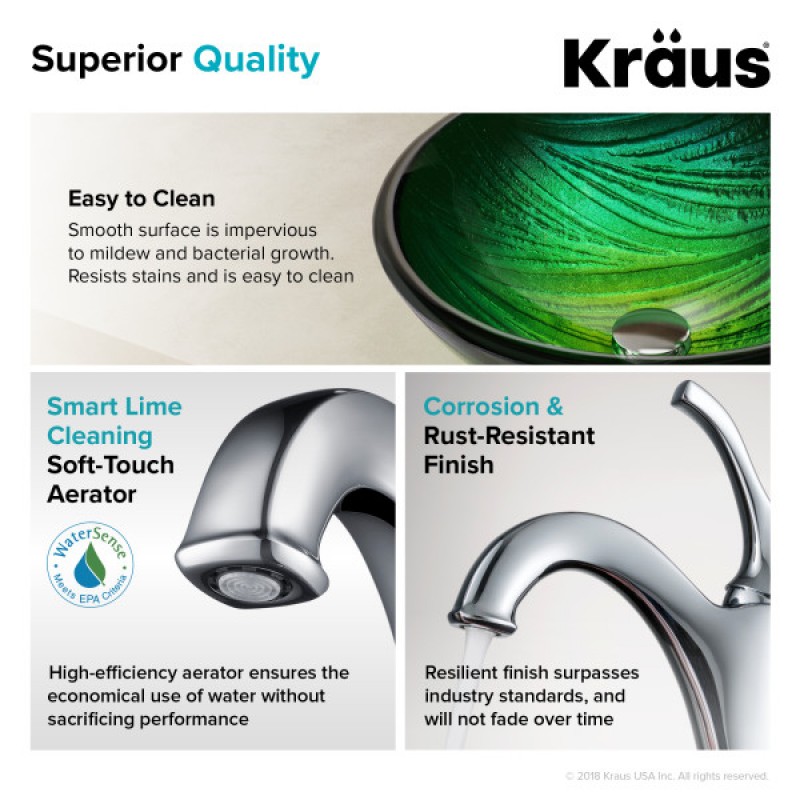KRAUS 17-inch Green Glass Nature Series™ Bathroom Vessel Sink and Arlo™ Faucet Combo Set with Pop-Up Drain, Chrome Finish