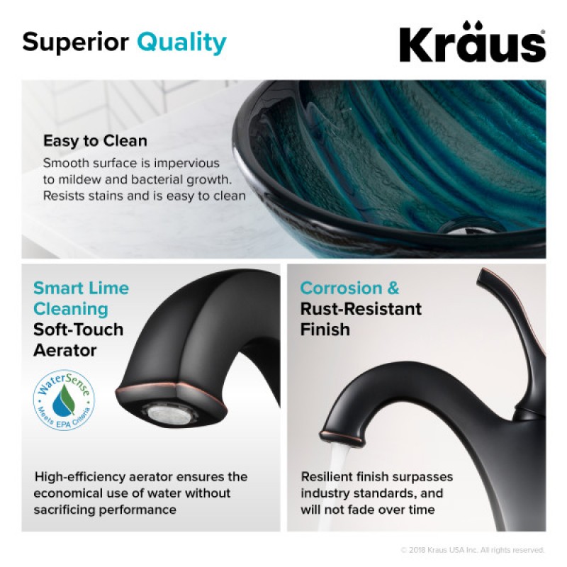 KRAUS 17-inch Blue Glass Nature Series™ Bathroom Vessel Sink and Arlo™ Faucet Combo Set with Pop-Up Drain, Oil Rubbed Bronze Finish