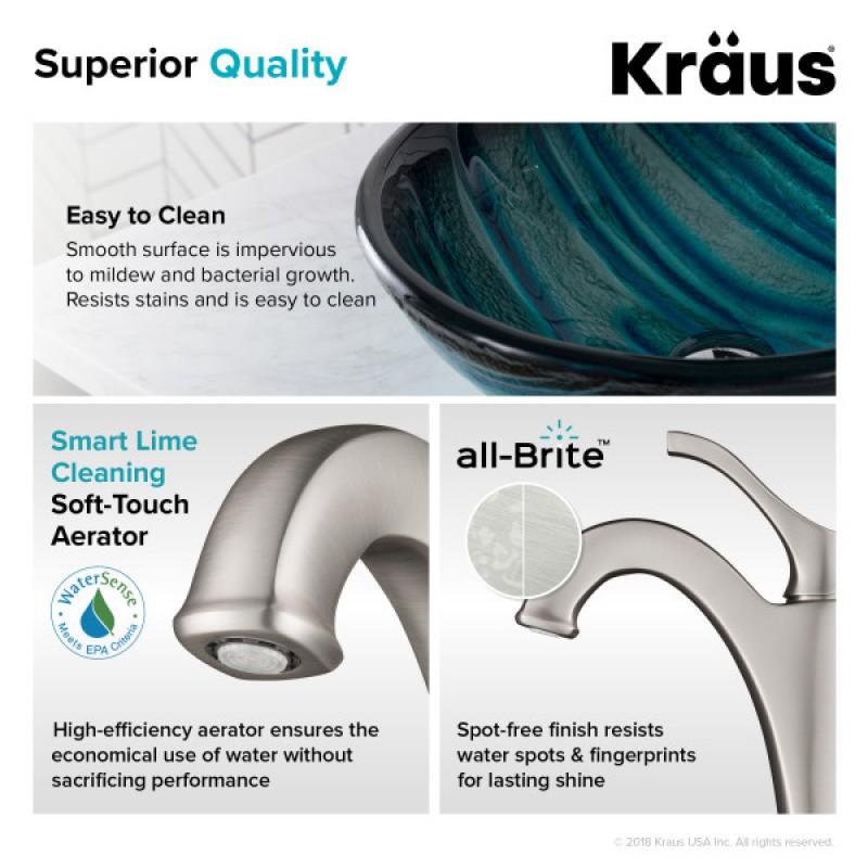KRAUS 17-inch Blue Glass Nature Series™ Bathroom Vessel Sink and Spot Free Arlo™ Faucet Combo Set with Pop-Up Drain, Stainless Brushed Nickel Finish