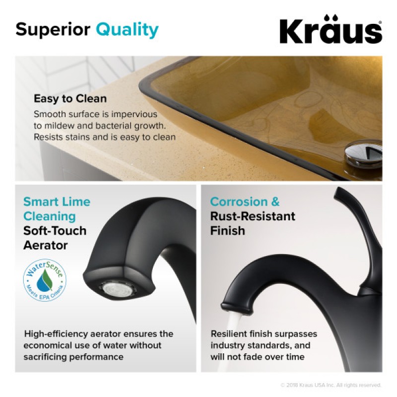 KRAUS 22-inch Rectangular Gold Glass Bathroom Vessel Sink and Matte Black Arlo™ Faucet Combo Set with Pop-Up Drain