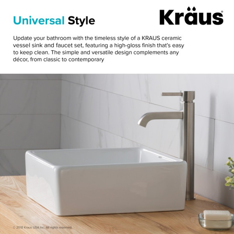 KRAUS 15-inch Square White Porcelain Ceramic Bathroom Vessel Sink and Ramus™ Faucet Combo Set with Pop-Up Drain, Satin Nickel Finish