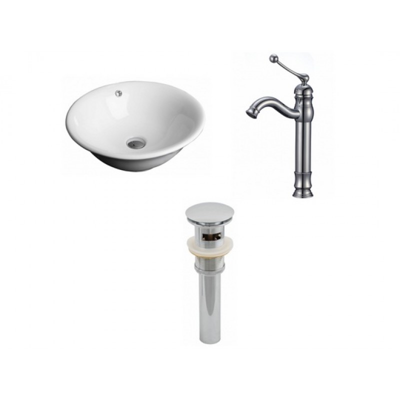 Round Vessel Set In White with Deck Mount Faucet/Drain