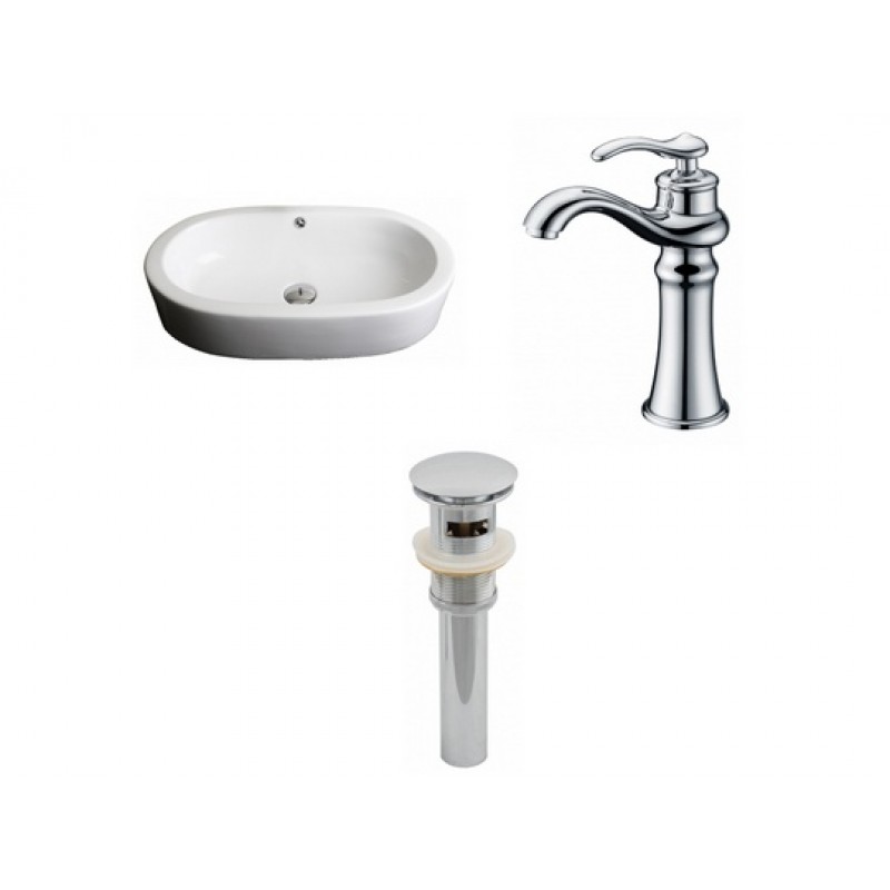 Oval Vessel Set In White with Deck Mount Faucet/Drain