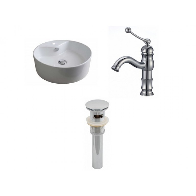 Round Vessel Set In White with Single Hole Faucet/Drain