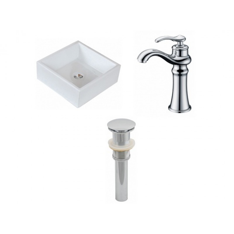 Square Vessel Set In White with Deck Mount Faucet/Drain