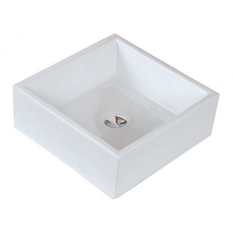 Square Vessel Set In White with Deck Mount Faucet/Drain