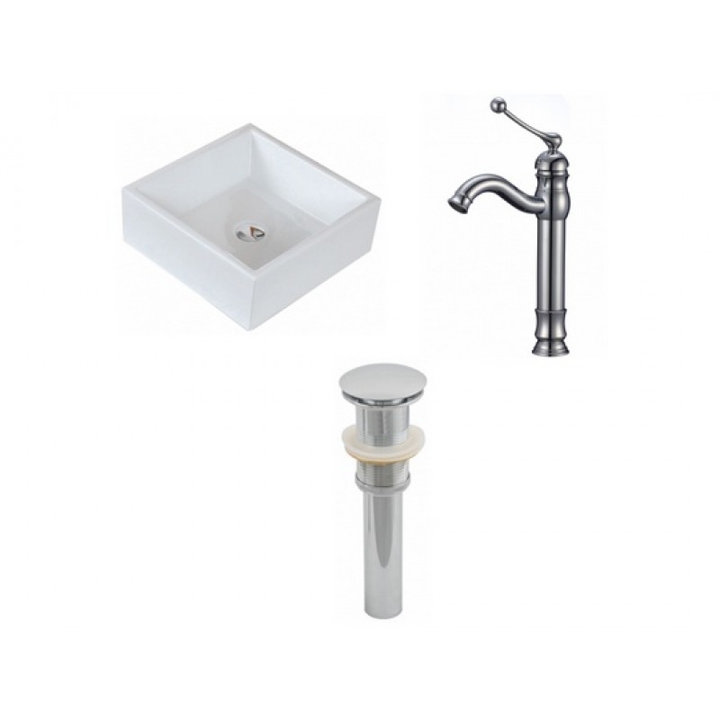 Square Vessel Set In White with Deck Mount Faucet/Drain