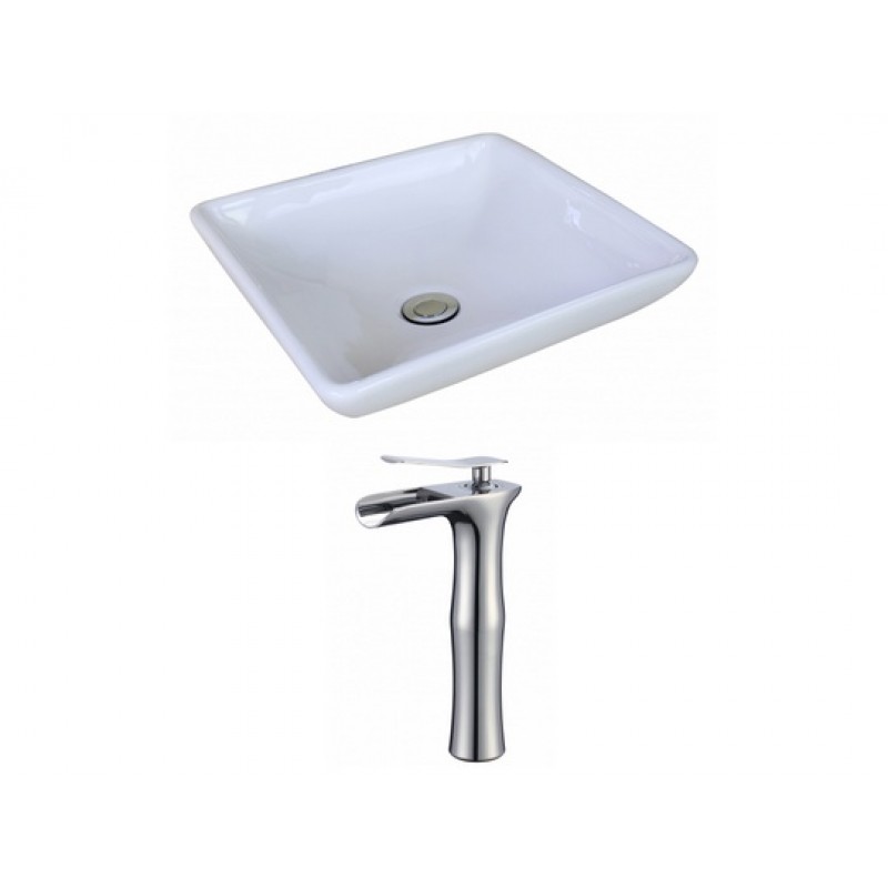 Square Vessel Set In White with Deck Mount Faucet