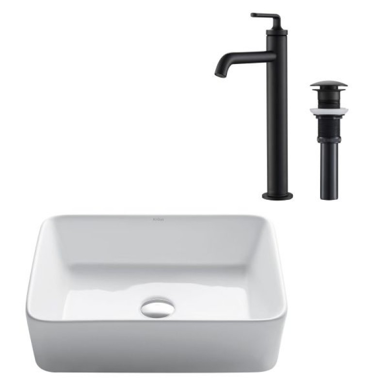 KRAUS Elavo™ Modern Rectangular Vessel White Porcelain Ceramic Bathroom Sink, 19 inch and Ramus™ Single Handle Vessel Bathroom Sink Faucet with Pop-Up Drain in Matte Black