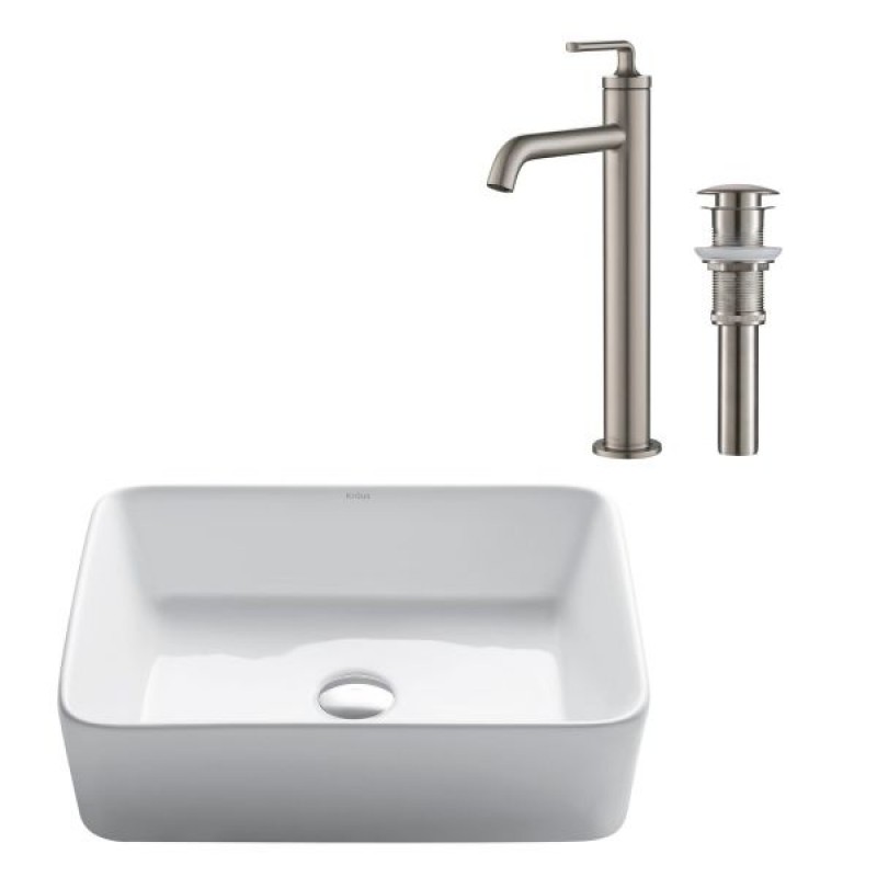 KRAUS Elavo™ Modern Rectangular Vessel White Porcelain Ceramic Bathroom Sink, 19 inch and Ramus™ Single Handle Vessel Bathroom Sink Faucet with Pop-Up Drain in Spot Free Stainless Steel
