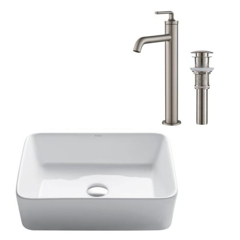 Elavo™ Modern Rectangular Vessel White Porcelain Ceramic Bathroom Sink, 19 inch and Ramus™ Single Handle Vessel Bathroom Sink Faucet with Pop-Up Drain in Spot Free Stainless Steel
