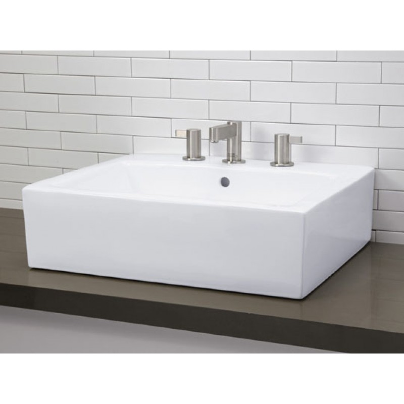 Rectangular White China Vessel With Faucet Holes - 3 Hole