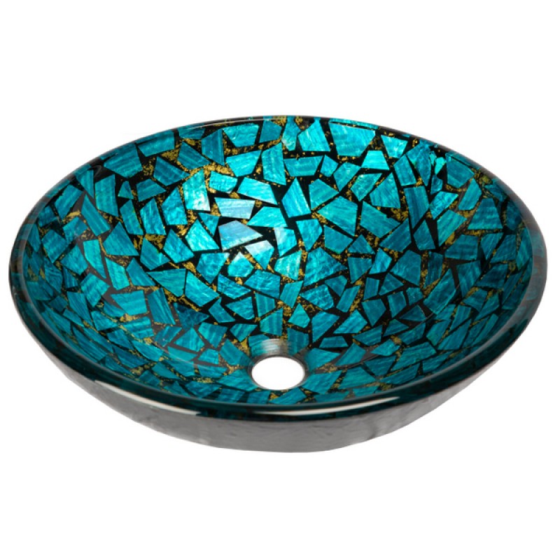 Blue and Gold Mosaic Round Glass Vessel Sink