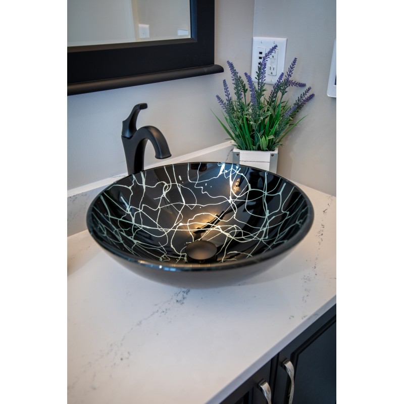 Black and Silver Streamers Round Glass Vessel Sink
