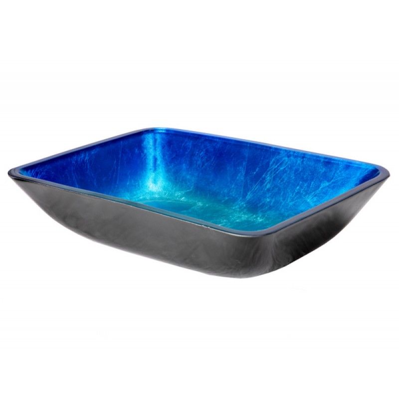 Rectangular Royal Blue Foil Glass Vessel Sink with Black Exterior