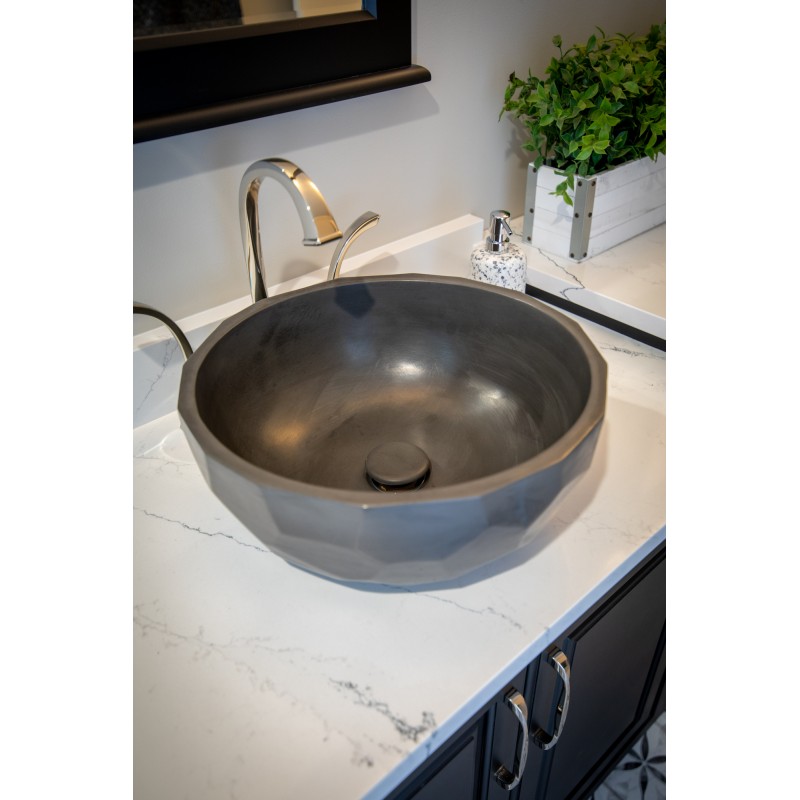 Round Concrete Vessel Sink with Hexagon Patterned Exterior - Charcoal