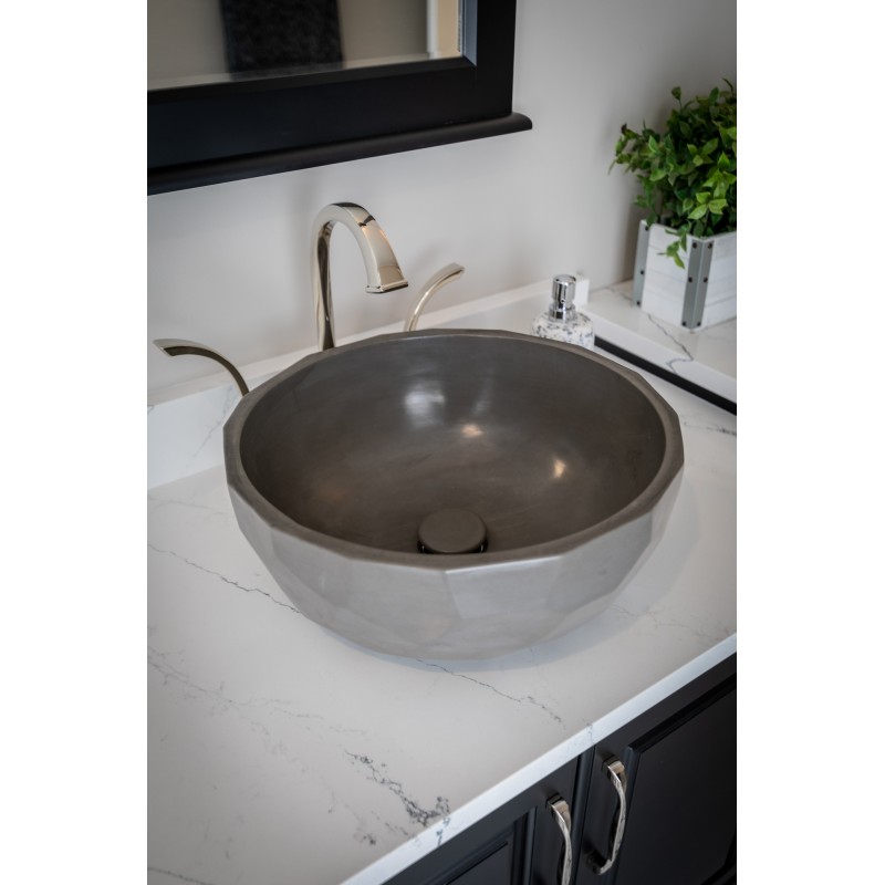 Round Concrete Vessel Sink with Hexagon Patterned Exterior - Dark Gray