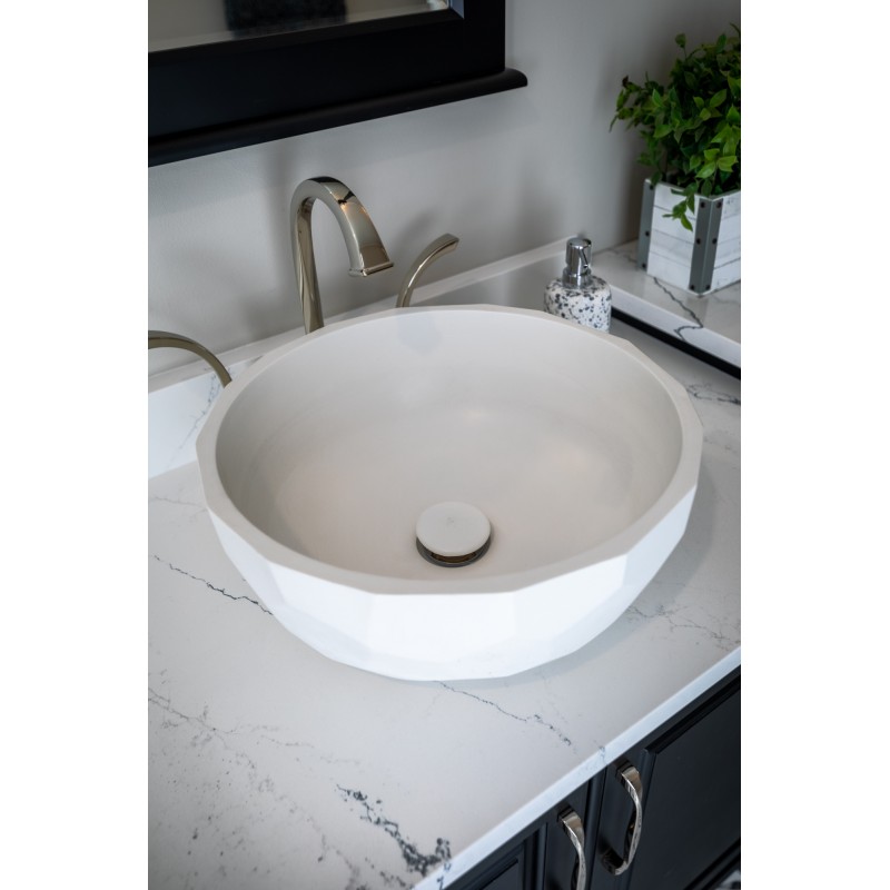 Round Concrete Vessel Sink with Hexagon Patterned Exterior - White