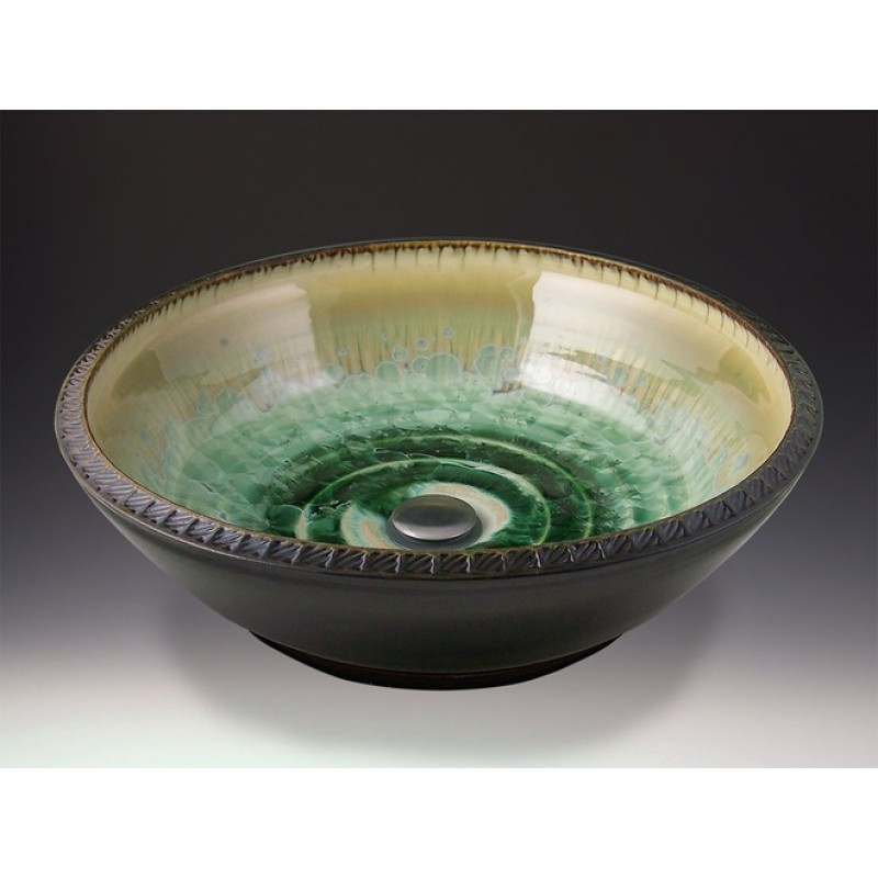 Deco Handcrafted Porcelain Clay Vessel Sink - Patina Crystal, Dark Olive Exterior
