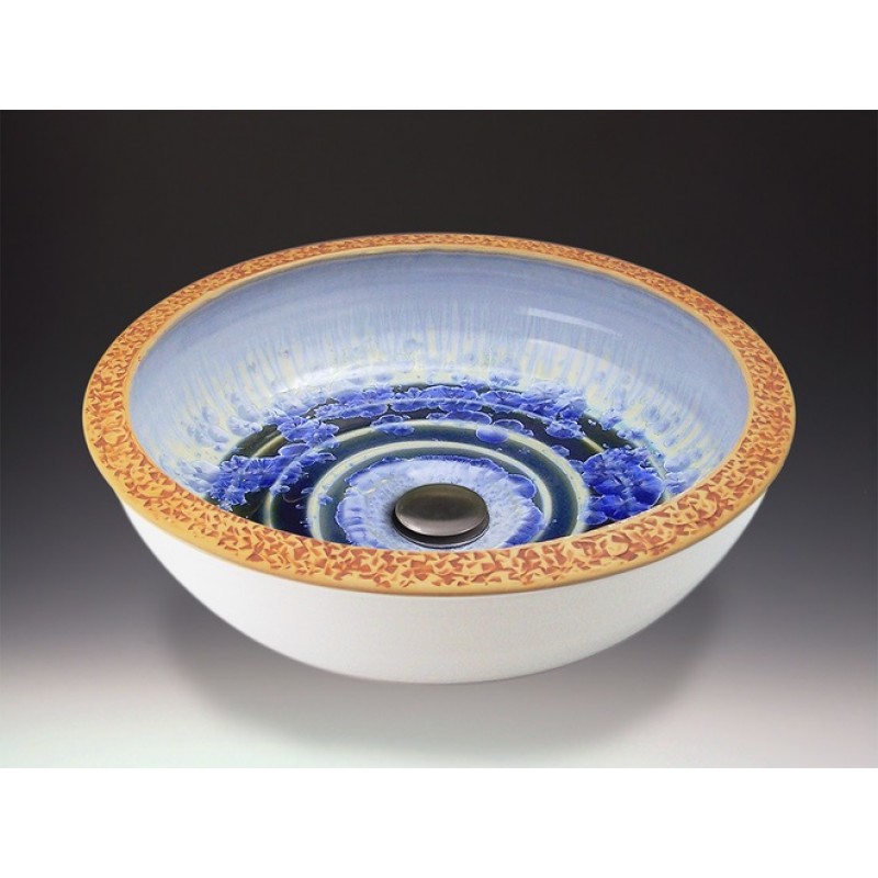 Pebble Handcrafted Porcelain Clay Vessel Sink - Ivory Crystal White with Blue