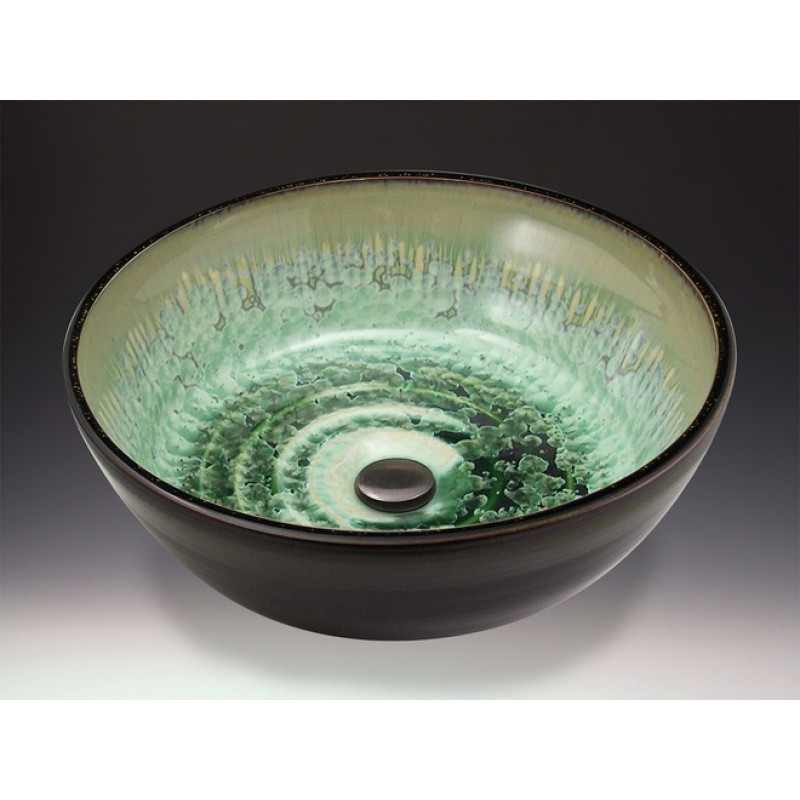 U-Style Handcrafted Porcelain Clay Undermount Sink - Patina Crystal, Dark Olive Exterior