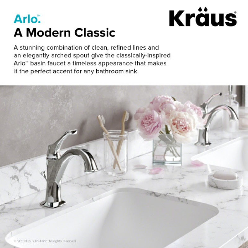 KRAUS Arlo™ Chrome Single Handle Basin Bathroom Faucet with Lift Rod Drain and Deck Plate (2-Pack)
