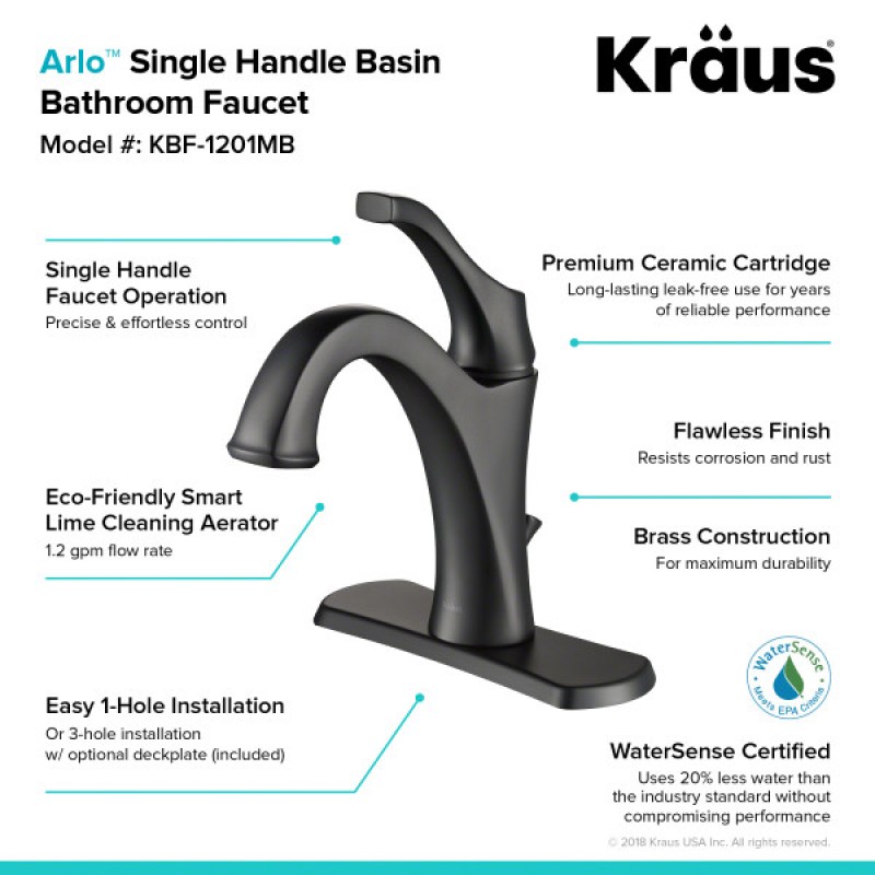 KRAUS Arlo™ Matte Black Single Handle Basin Bathroom Faucet with Lift Rod Drain and Deck Plate