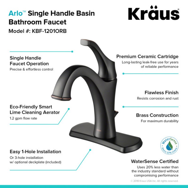 KRAUS Arlo™ Oil Rubbed Bronze Single Handle Basin Bathroom Faucet with Lift Rod Drain and Deck Plate