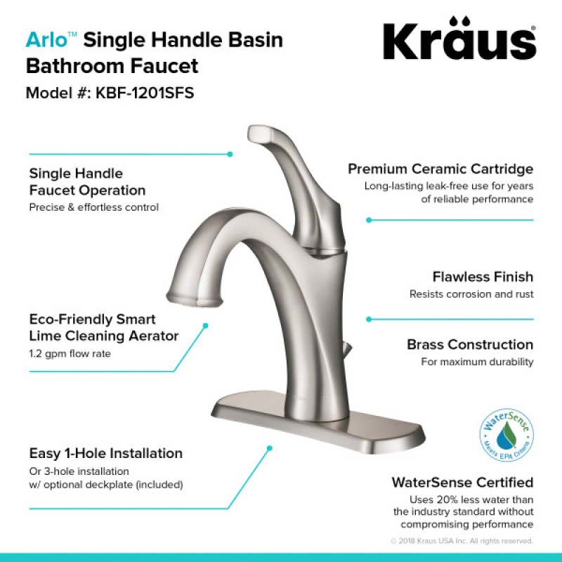 KRAUS Arlo™ Spot-Free all-Brite Stainless Steel Single Handle Basin Bathroom Faucet with Lift Rod Drain and Deck Plate