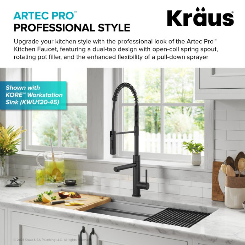 Artec Pro Commercial Style Pull-Down Single Handle Kitchen Faucet with Pot Filler in Matte Black 