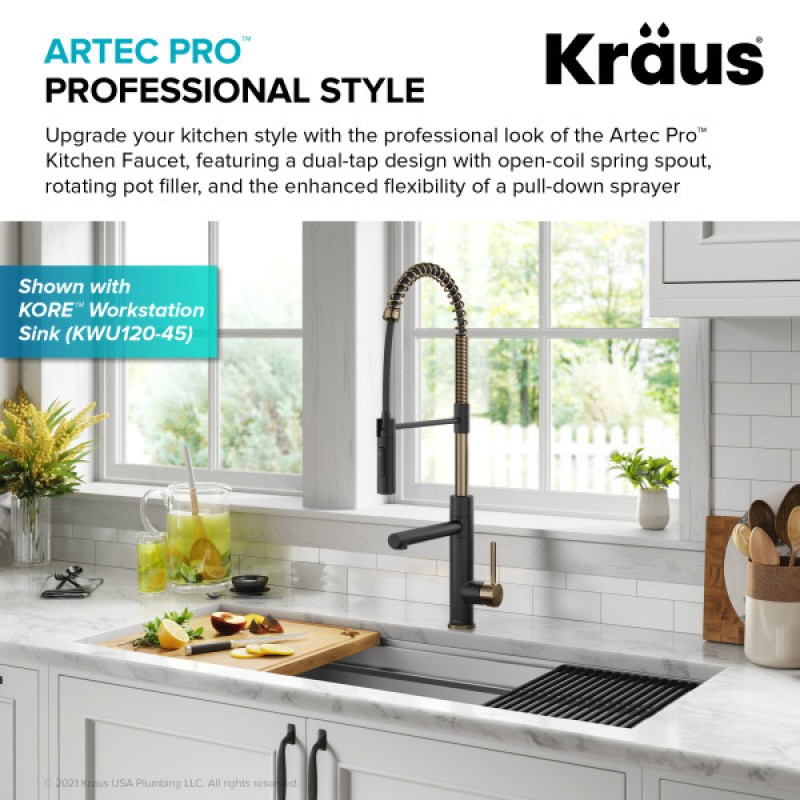 Artec Pro Commercial Style Pull-Down Single Handle Kitchen Faucet with Pot Filler in Spot Free Antique Champagne Bronze/Matte Black