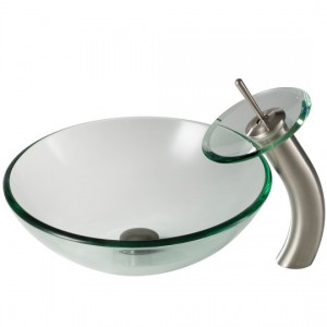 Clear Glass Vessel Sink and Ramus Faucet Satin Nic...