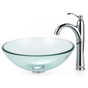 Clear Glass Vessel Sink and Waterfall Faucet Combo...
