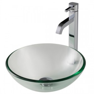 14-inch Clear Glass Bathroom Vessel Sink and Ramus...