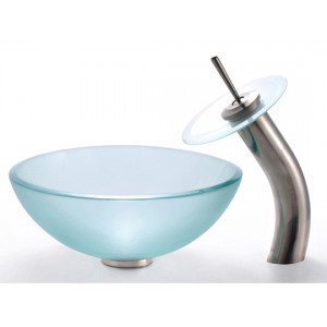 Frosted 14 inch Glass Vessel Sink, Ramus Faucet an...