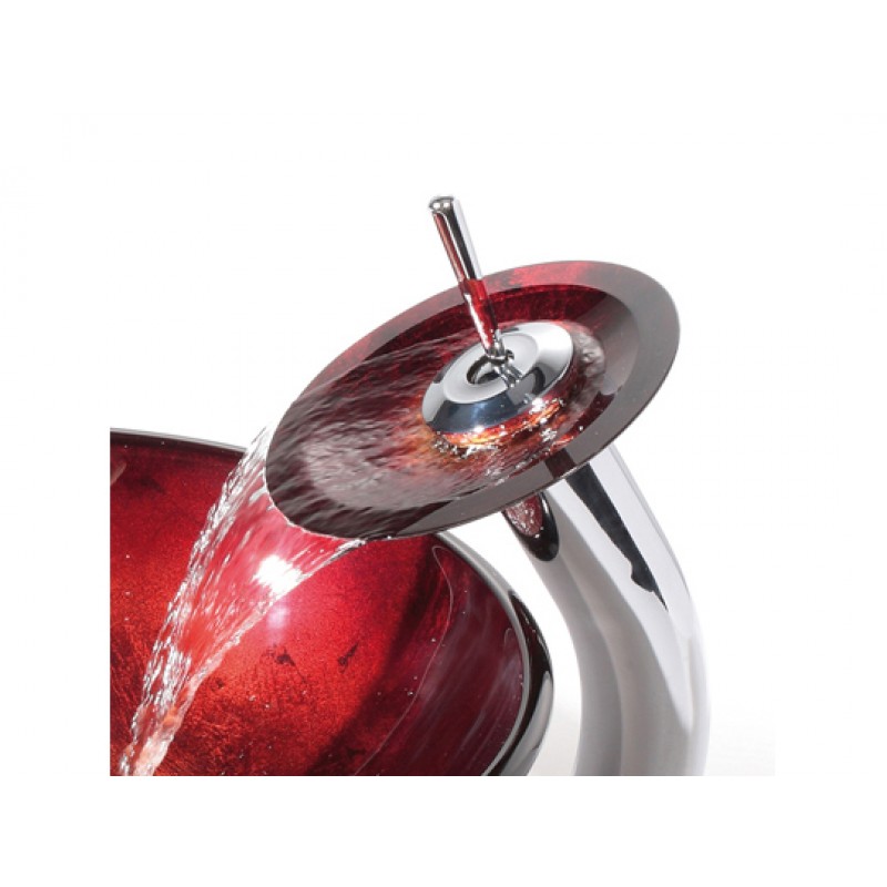 Irruption Red Glass Vessel Sink and Waterfall Faucet Chrome