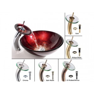 Irruption Red Glass Vessel Sink and Waterfall Fauc...
