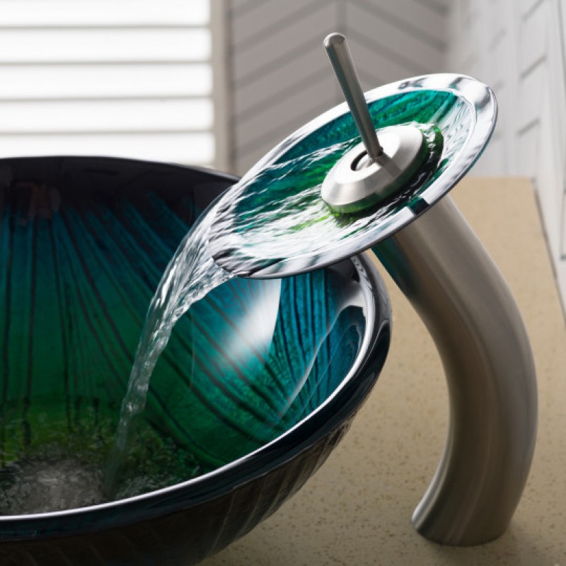 Nature Series Green Glass Vessel Sink and Waterfall Faucet Combo with Matching Disk and Drain, SN
