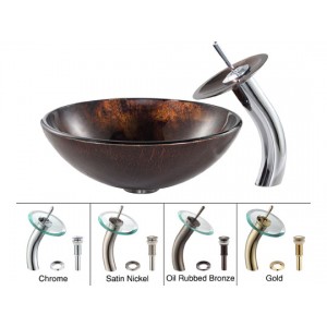 Pluto Glass Vessel Sink and Waterfall Faucet Chrom...