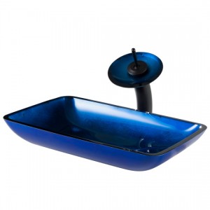 Rectangular Blue Glass Vessel Sink, Waterfall Fauc...