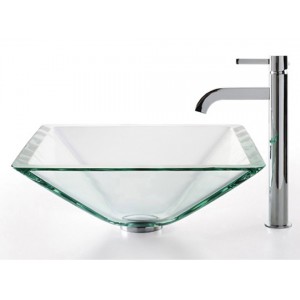 Clear Aquamarine Glass Vessel Sink and Ramus Fauce...