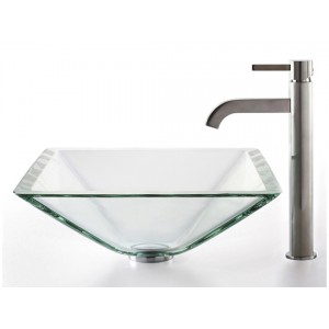 Clear Aquamarine Glass Vessel Sink and Ramus Fauce...