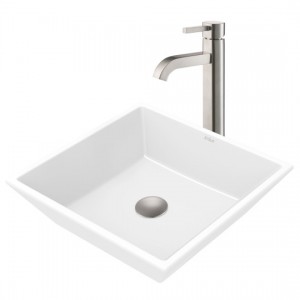 16-inch Square White Porcelain Vessel Sink and Ram...