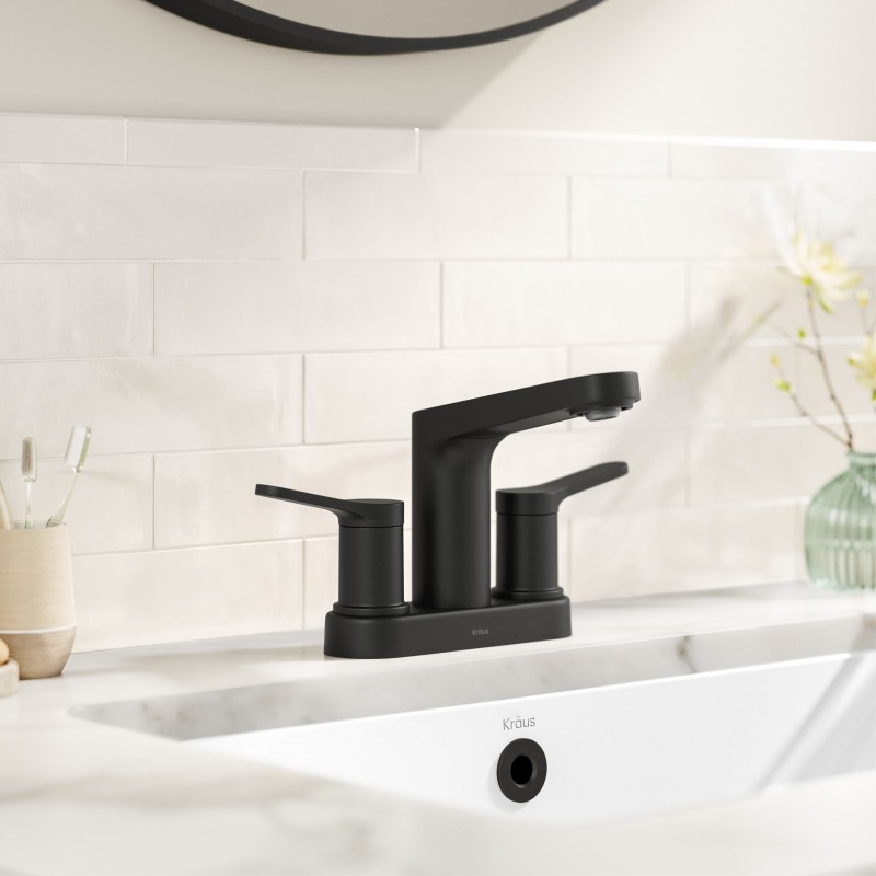 Indy™ 2-Handle 4-inch Centerset Bathroom Faucet in Matte Black with Pop Up Drain and Supply Lines